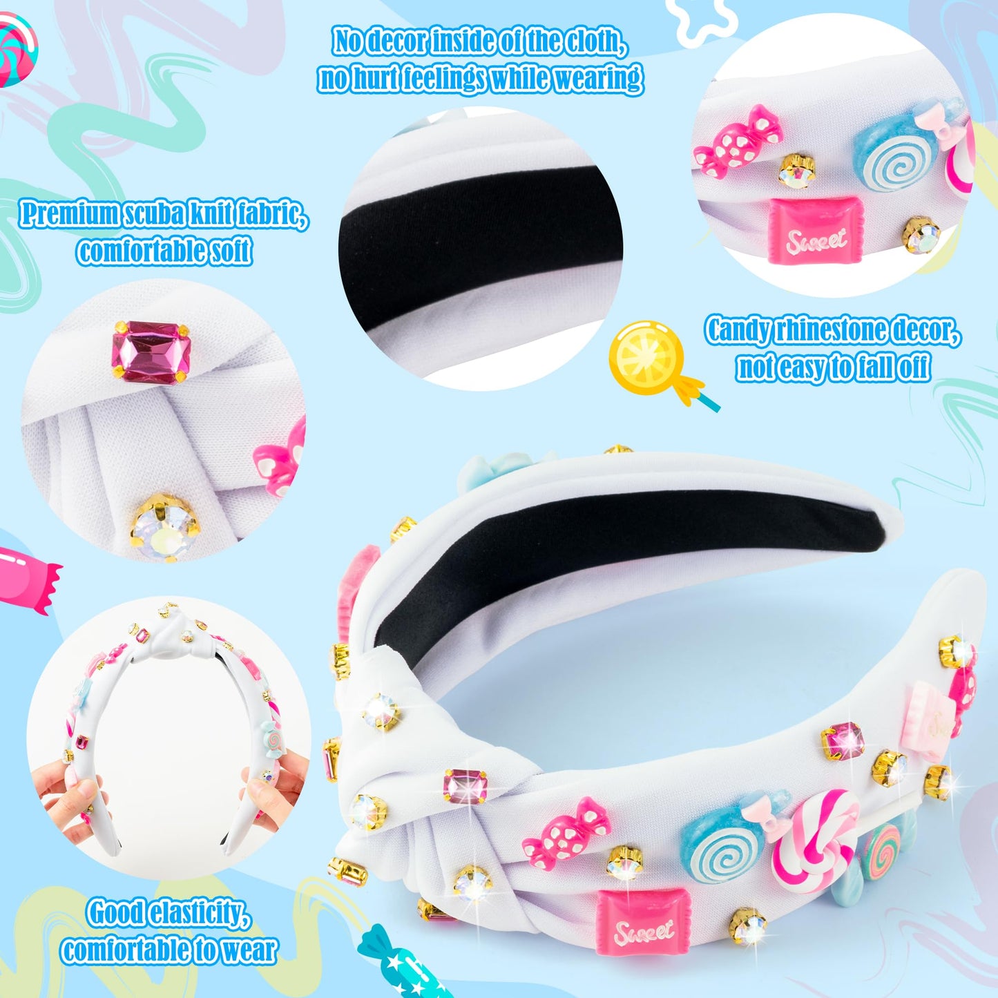 PANTIDE Candy Jeweled Knotted Headband - Sugar Lollipop Rhinestone Crystal Embellished Preppy Headband Non Slip Wide Top Knot Fashion Hairband Hair Accessories Birthday Gift for Women Girls (White)