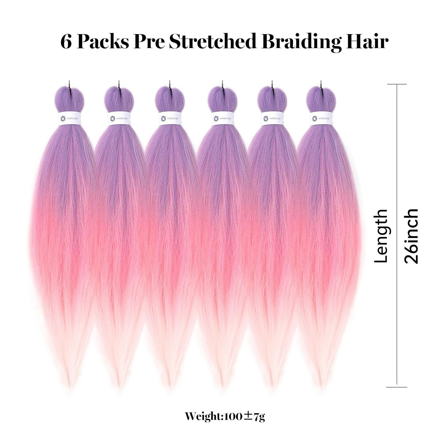 Pre-Stretched Braiding Hair Ombre Pink Braiding Hair Extensions 26 Inch 6 packs Hot Water Setting Professional Soft Yaki Synthetic Crochet Braids（Purple to Pink to White）