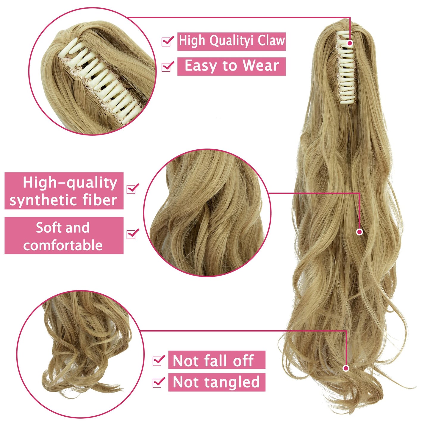 OMGREAT Claw Ponytail Hair Extension One Piece Cute Clip in on Ponytail Claw Synthetic Straight Curly Hairpieces 18" Curly Ash Blonde