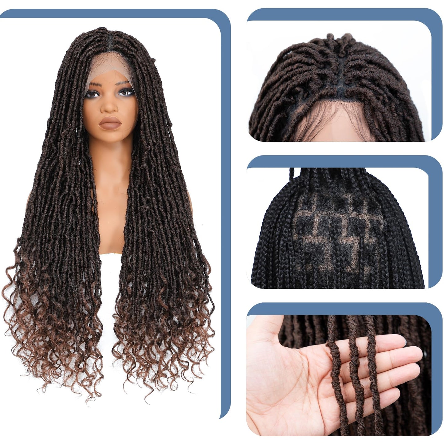 POSYTRESS 36 Inch Goddess Faux Locs Braided Wigs for Women Embroidery Lace Front Braided Wig with Curly Ends Knotless Full Lace Synthetic Goddess Locs Wig Brown Color Square Based Braided Wigs (#30)
