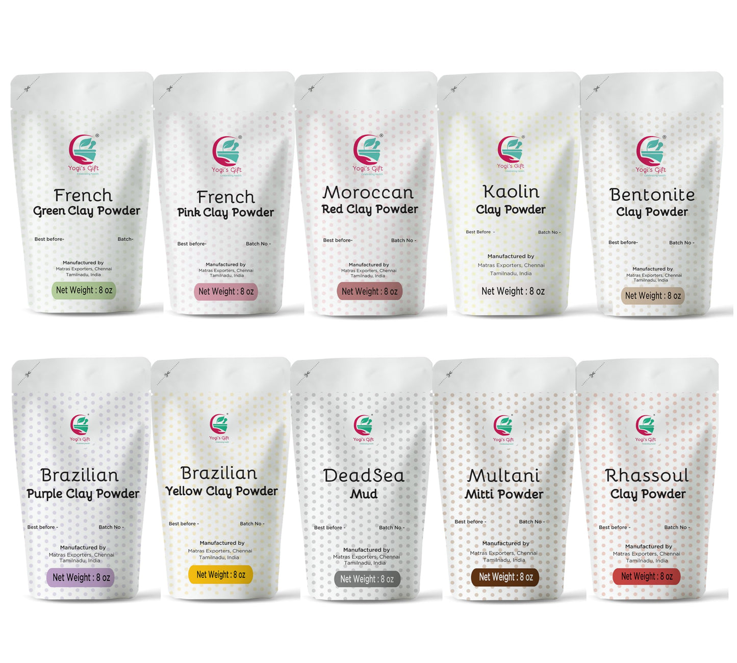 Pack of 10 Clays for Mask Making & Soap Making | Face Mask Ingredient | Best Value Pack of Colourful Clays | 8oz Each | Variety Pack for DIY Projects | by Yogi’s Gift®