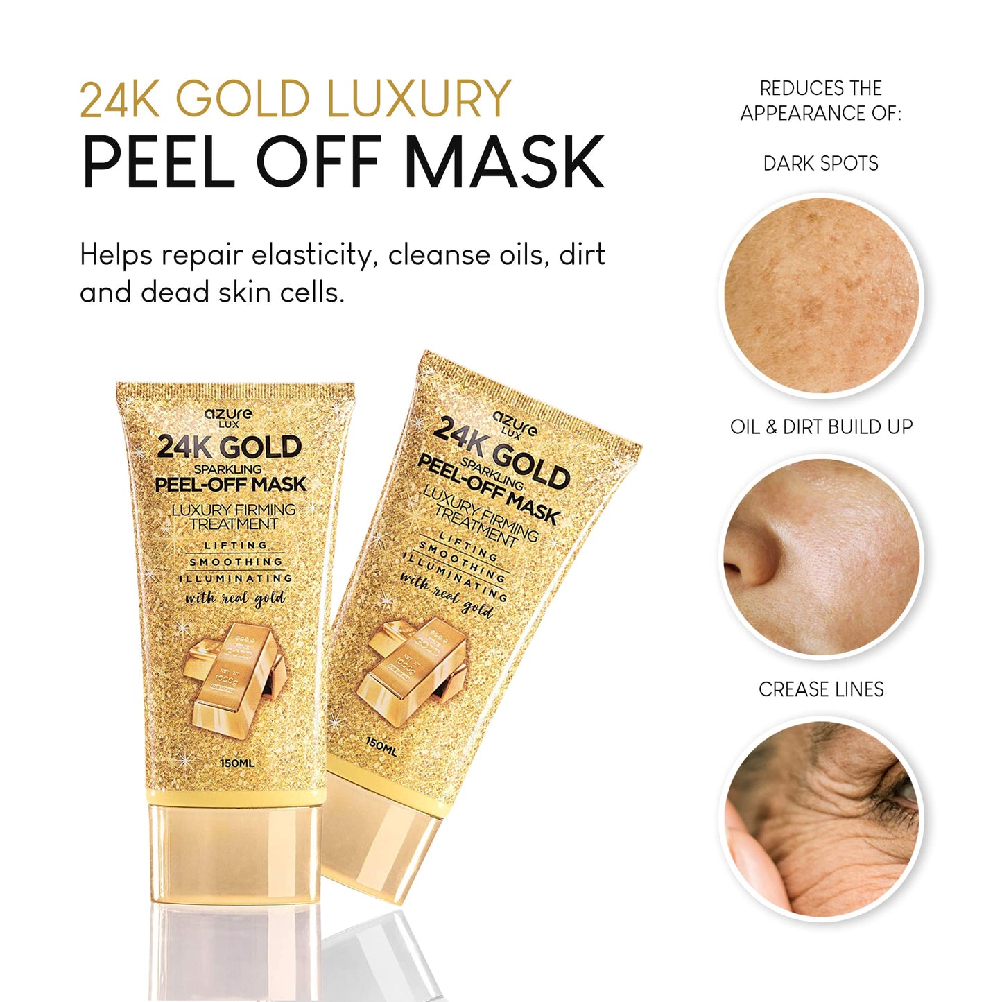 AZURE 24K Gold Firming Peel Off Face Mask- Anti Aging, Lifting, Illuminating & Revitalizing - Removes Blackheads, Dirt & Oils - With Hyaluronic Acid and Collagen - Skin Care - 150mL