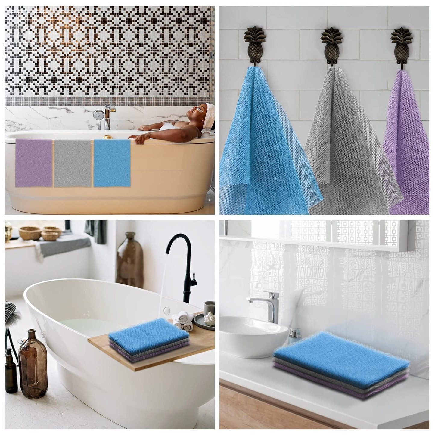 3 Pieces African exfoliating net African Net Long Net Bath Sponge Exfoliating Shower Body Scrubber Back Scrubber Skin Smoother,Great for Daily Use (Purple Gray Blue)