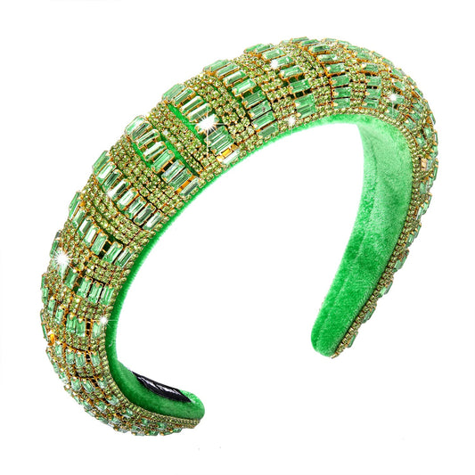 CEALXHENY Crystal Rhinestone Padded Headbands for Women Rainbow Crystal Embellished Hairbands Sparkling Bejewelled Velvet Headbands Wide Hair Hoop for Girls Party Hair Accessory Holiday Gifts (Green)