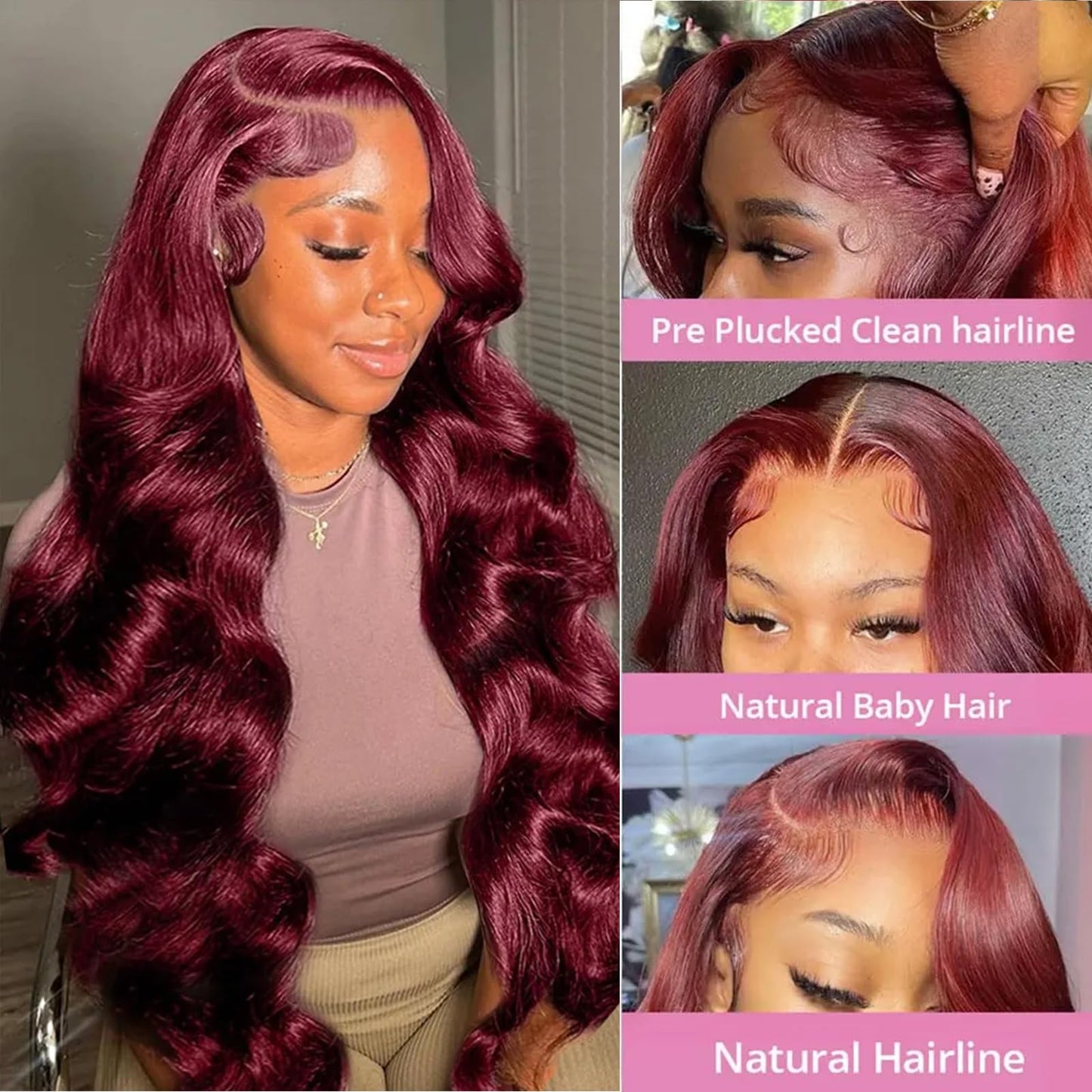 99j Burgundy Lace Front Wigs Human Hair 13x4 HD Lace Front Wigs Human Hair Pre Plucked Body Wave Glueless Frontal Wigs Human Hair 180% Density Wine Red Colored Human Hair Wigs For Women 20 Inch