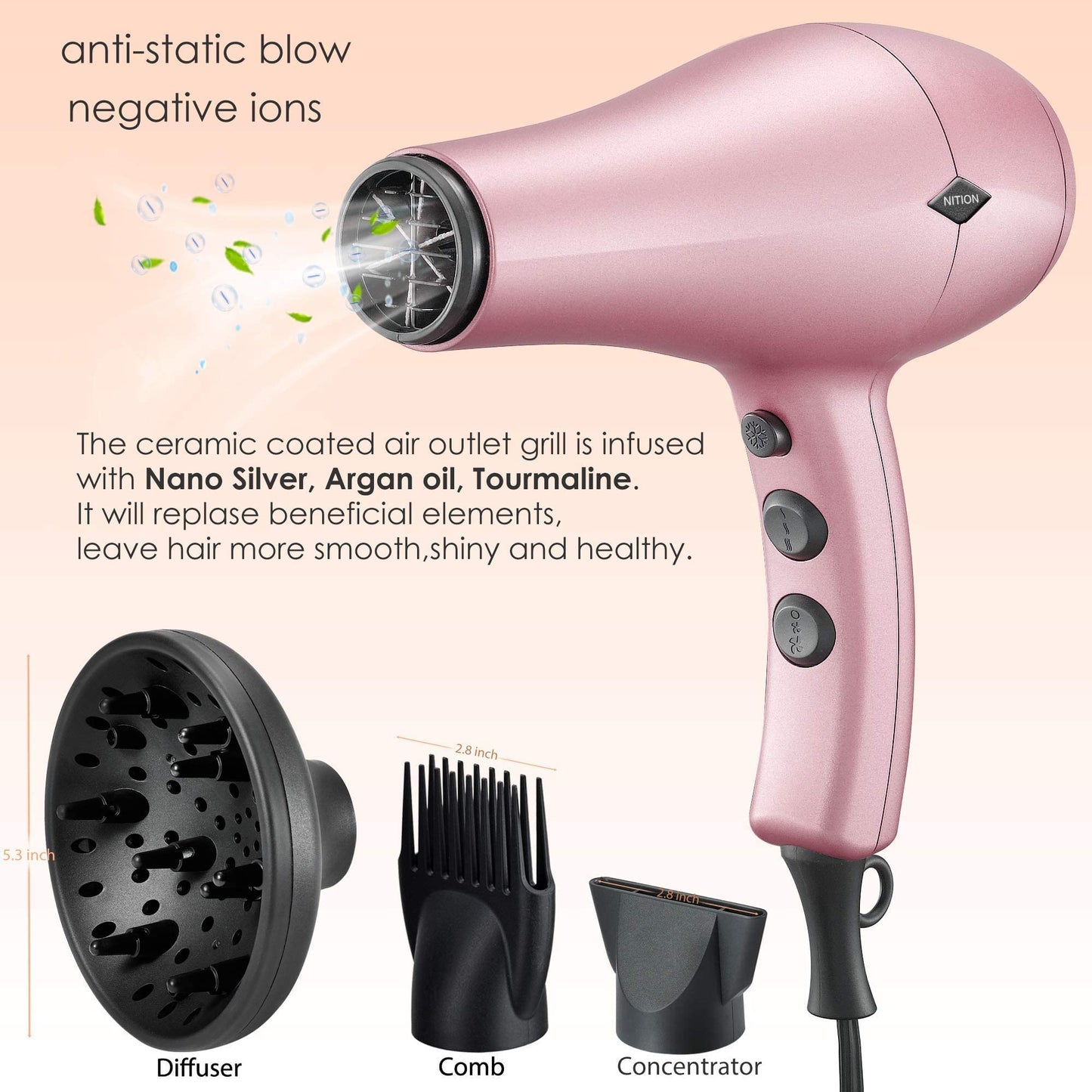 NITION Professional Salon Hair Straightener Flat Iron and Hair Dryer with 3 Attachments Diffuser/Comb Set
