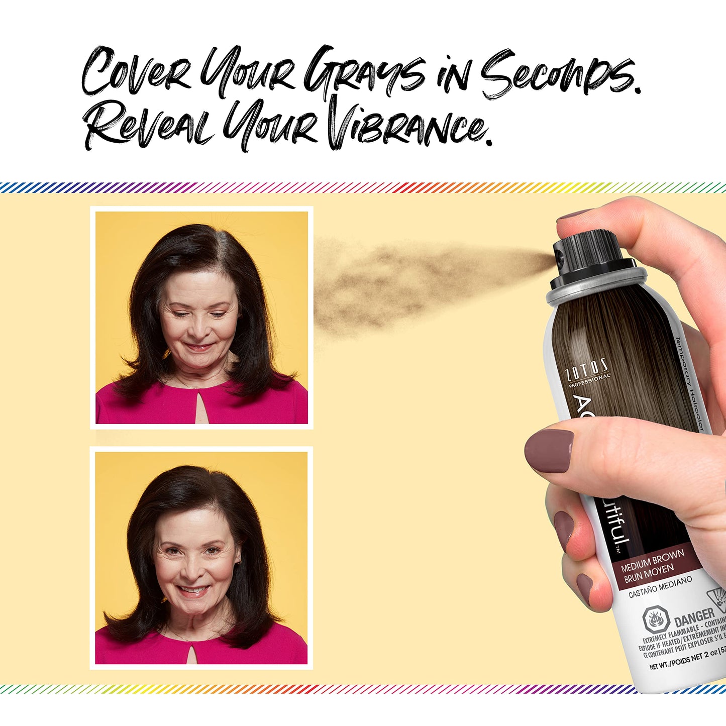 AGE beautiful Root Touch Up Hair Color Spray | Touch-Up Gray Concealer | Temporary Cover Up | Adds Volume & Covers Thinning Patches | Water, Sweat, Stain Resistant | Medium Ash Brown | 2 Fl Oz