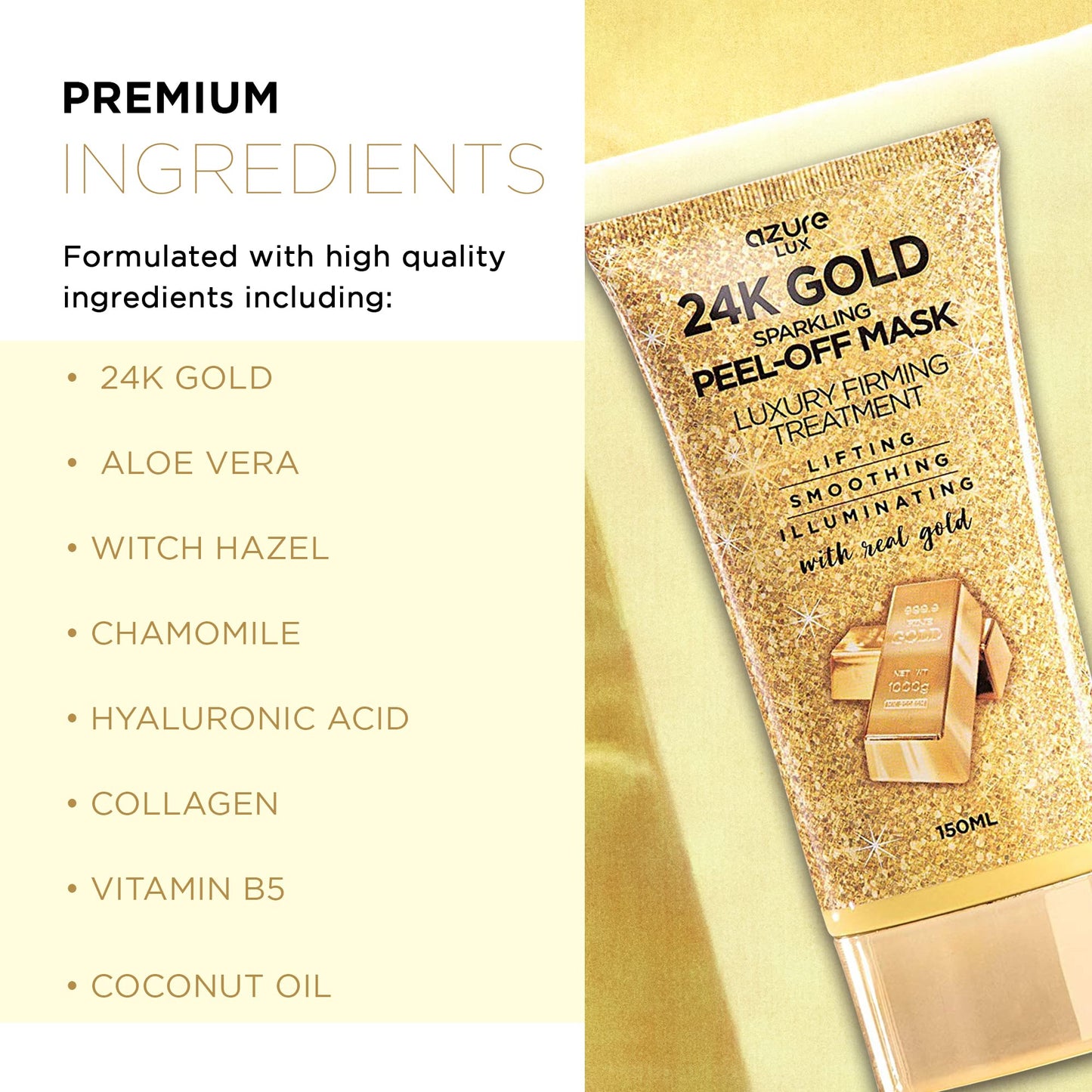 AZURE 24K Gold Firming Peel Off Face Mask- Anti Aging, Lifting, Illuminating & Revitalizing - Removes Blackheads, Dirt & Oils - With Hyaluronic Acid and Collagen - Skin Care - 150mL