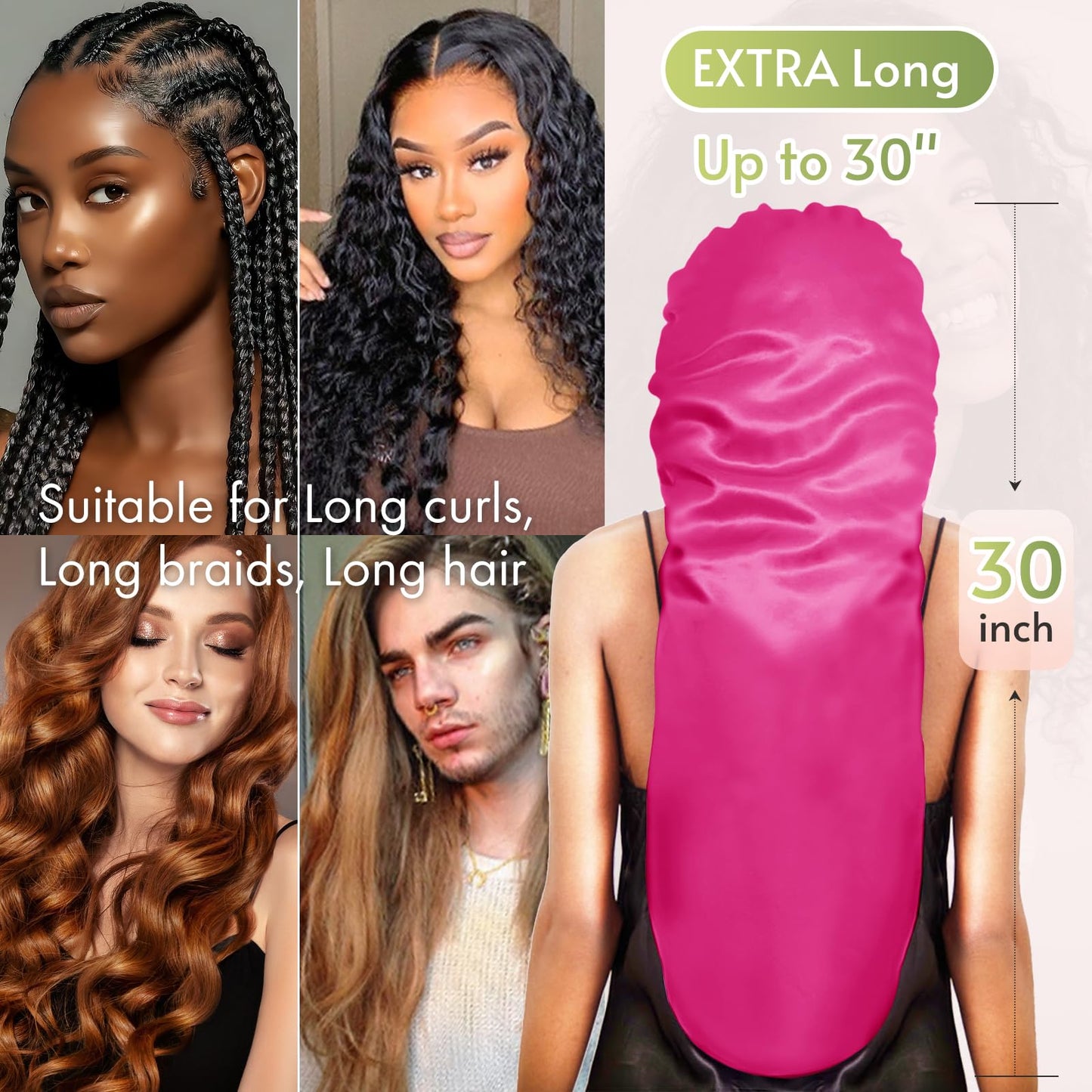 BONNET QUEEN Braid Bonnet Silk Bonnet Foldable Extra Long Bonnet for Braids Satin Bonnet for Sleeping Hair Bonnet with Tie Band Long Sleep Cap Hot Pink