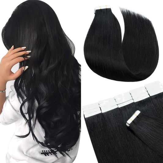SEGO Tape in Hair Extensions Human Hair 18 Inch 100g 40pcs Natural Straight 100% Remy Rooted Seamless Skin Weft Invisible Double Sided Tape Hair for Women-Jet Black