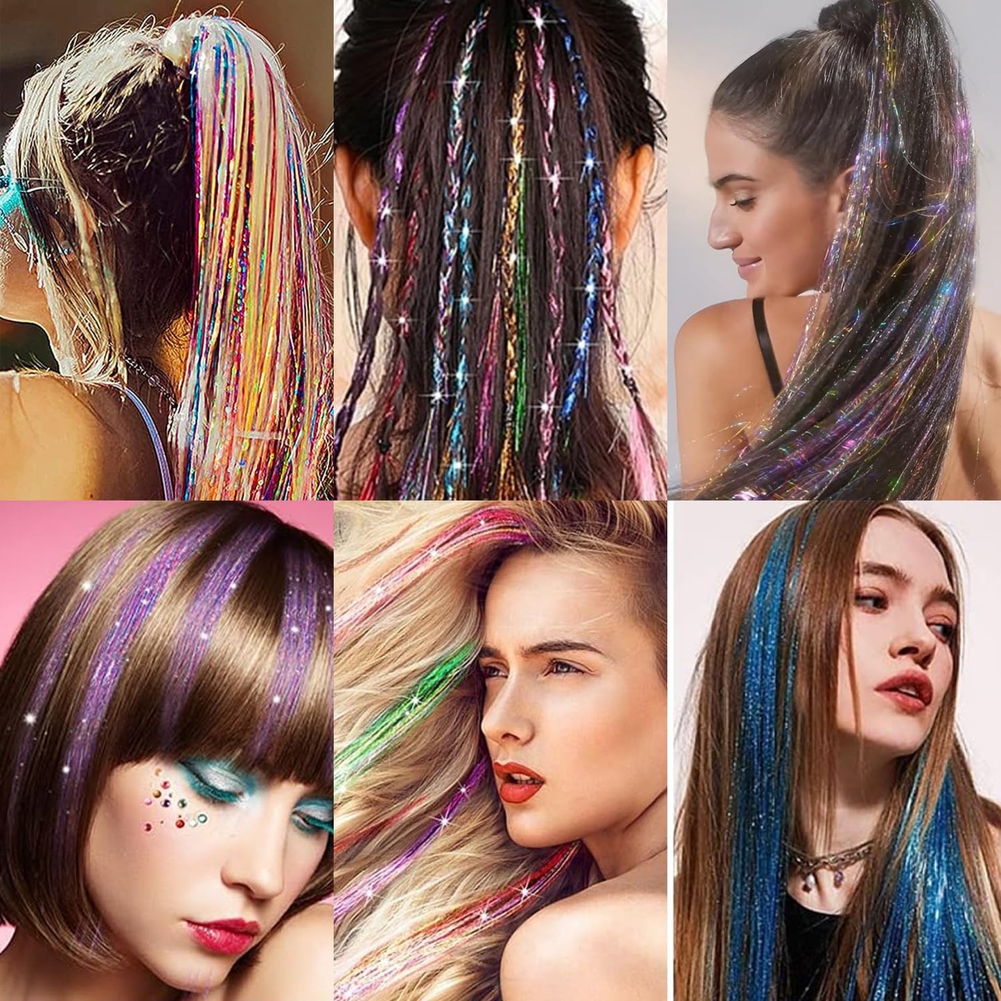 SOYZMYX 12PCS Tinsel Hair Extensions Glitter Hair Extension Clip in Gold Sparkling Fairy Hair Tinsel Kit Shiny Highlights Colorful Heat Resistant Hair Accessories for Girls New Year Party(Silver)