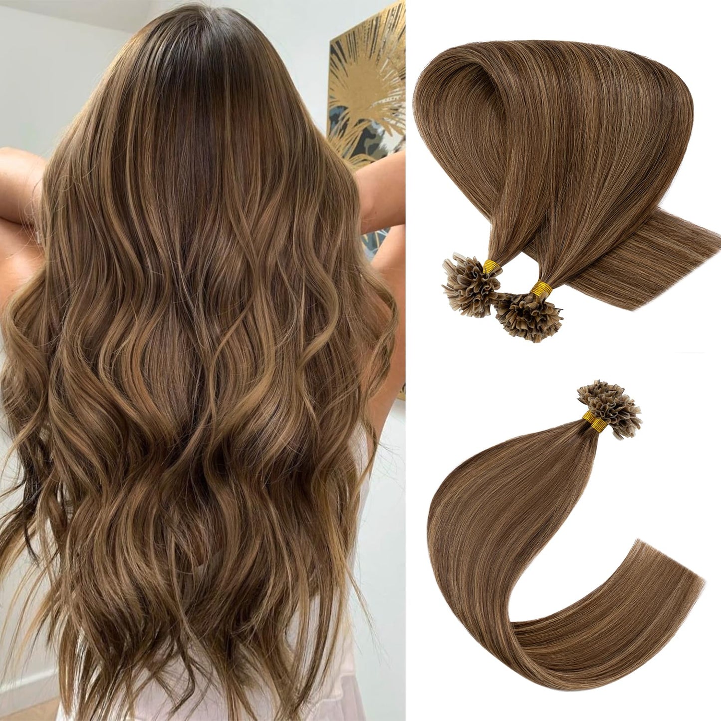 Rich Choices U Tip Hair Extensions Human Hair,100 Strands 0.5g/Strand K Tip Real Remy Human Hair Extensions Nail Tip K Tip Keratin Hair Extension 22 Inch #4P27 Medium Brown Highlight Dark Blonde