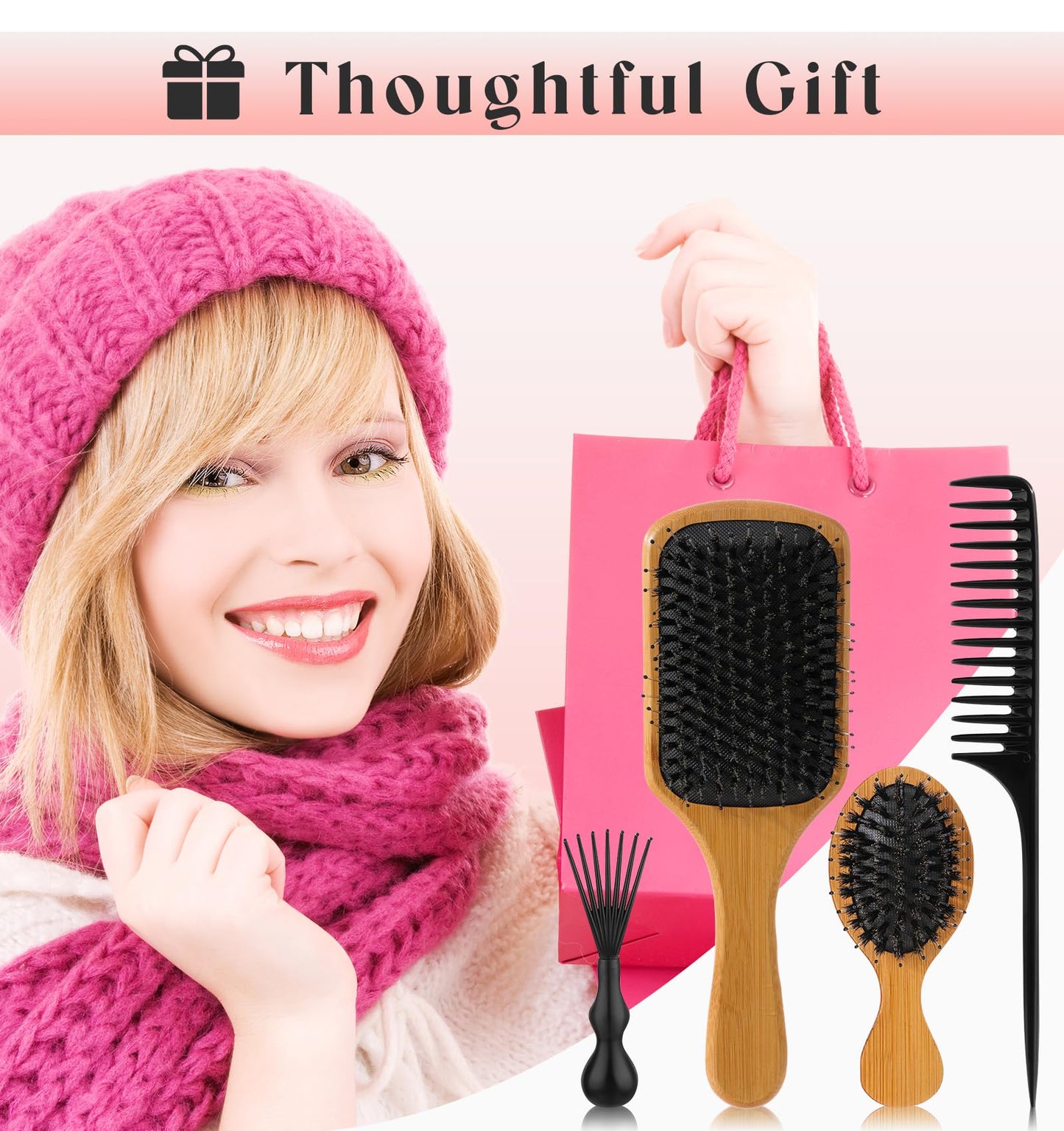 Boar Bristle Paddle Brush, Styling Comb and Brush Set, Hairbrushes and Combs, Wooden Boar Bristle Hair Brush, Brush Paddle for All Hair Type, Travel, Home, Detangling Smoothing Massaging