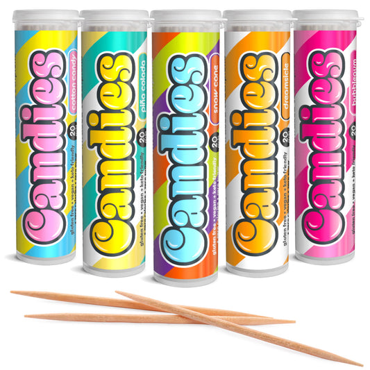 Xero Picks Candies - Infused Flavored Toothpicks (Candies Variety, 5 Pack - 100 Picks) Bubblegum, Pina Colada, Orange Creamsicle, Cotton Candy, Snow Cone and Candy Cane