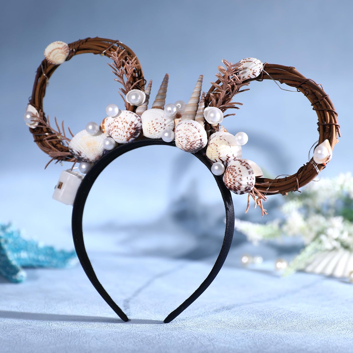 VISSTREE Shell Mouse Ear Crown - LED Light Up Ocean Shell Mermaid Style Mouse Ear Headband for Women Girls Park Party Birthday Celebration Halloween Festival Cosplay Costume Props