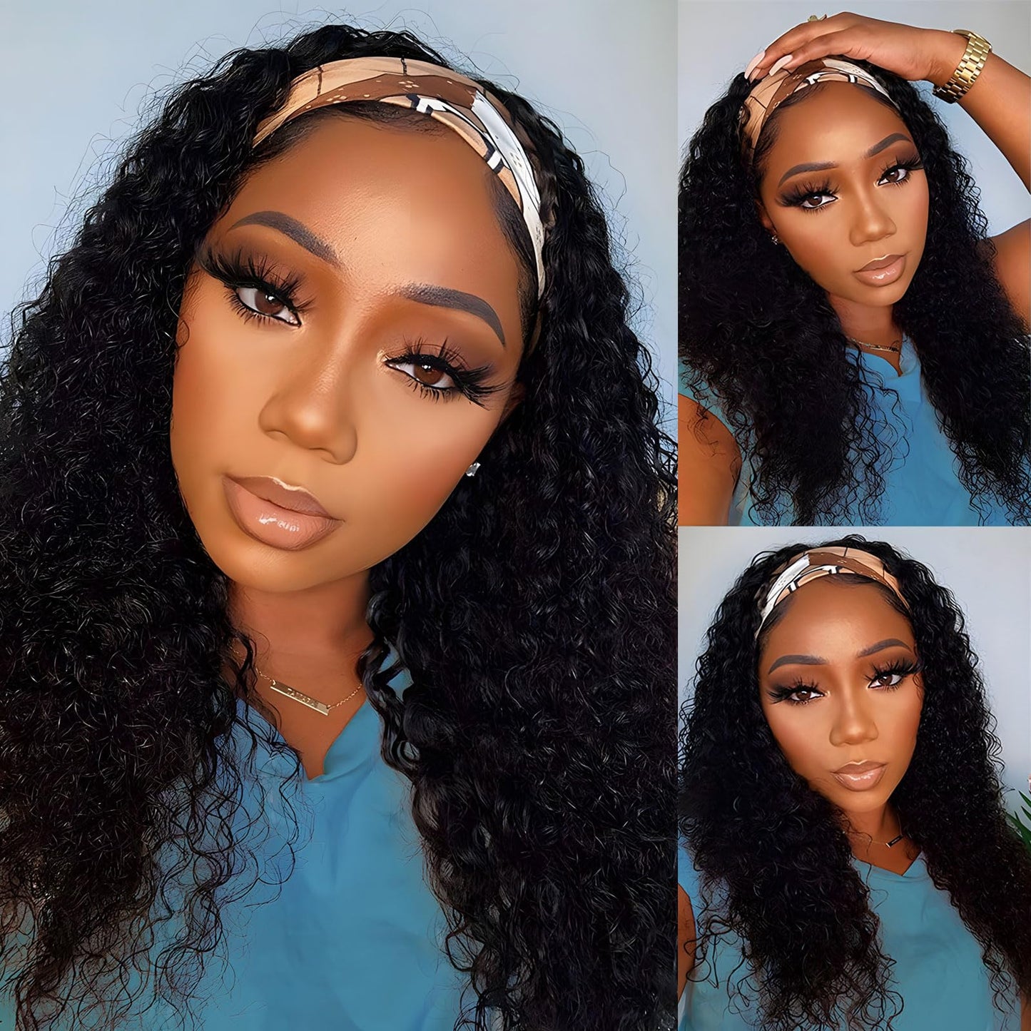 ZFY 22 Inch Deep wave Headband Wig Human Hair 180% Density Curly Glueless Wigs Human Hair Wet and Wavy Headband Wigs for Women Natural Black Color