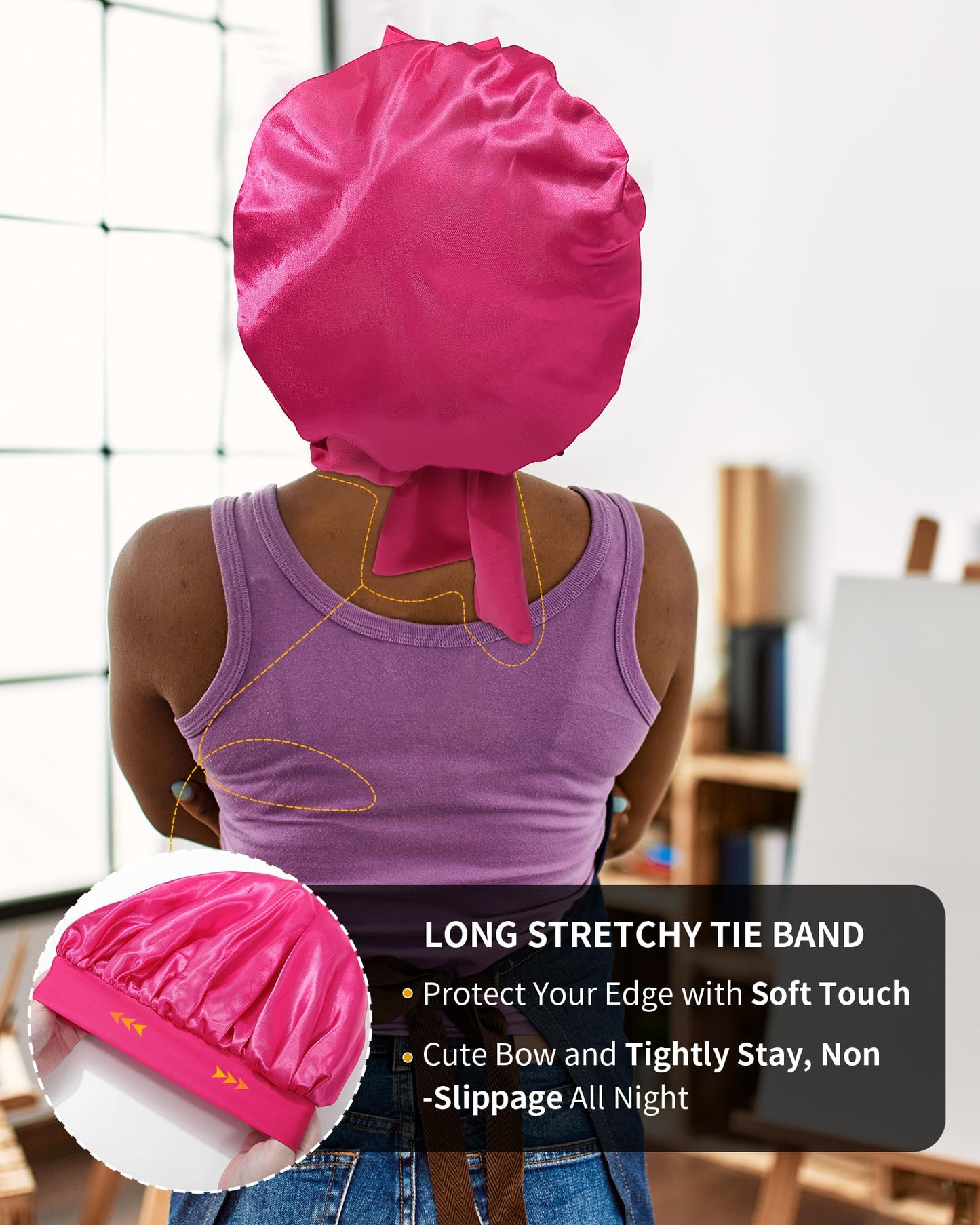 Satin Bonnet for Women Silk Bonnets for Sleeping Curly Hair Bonnet with Elastic Tie Band Reversible Double Layer Sleep Cap Hair Wrap (Rose Red + Pink)