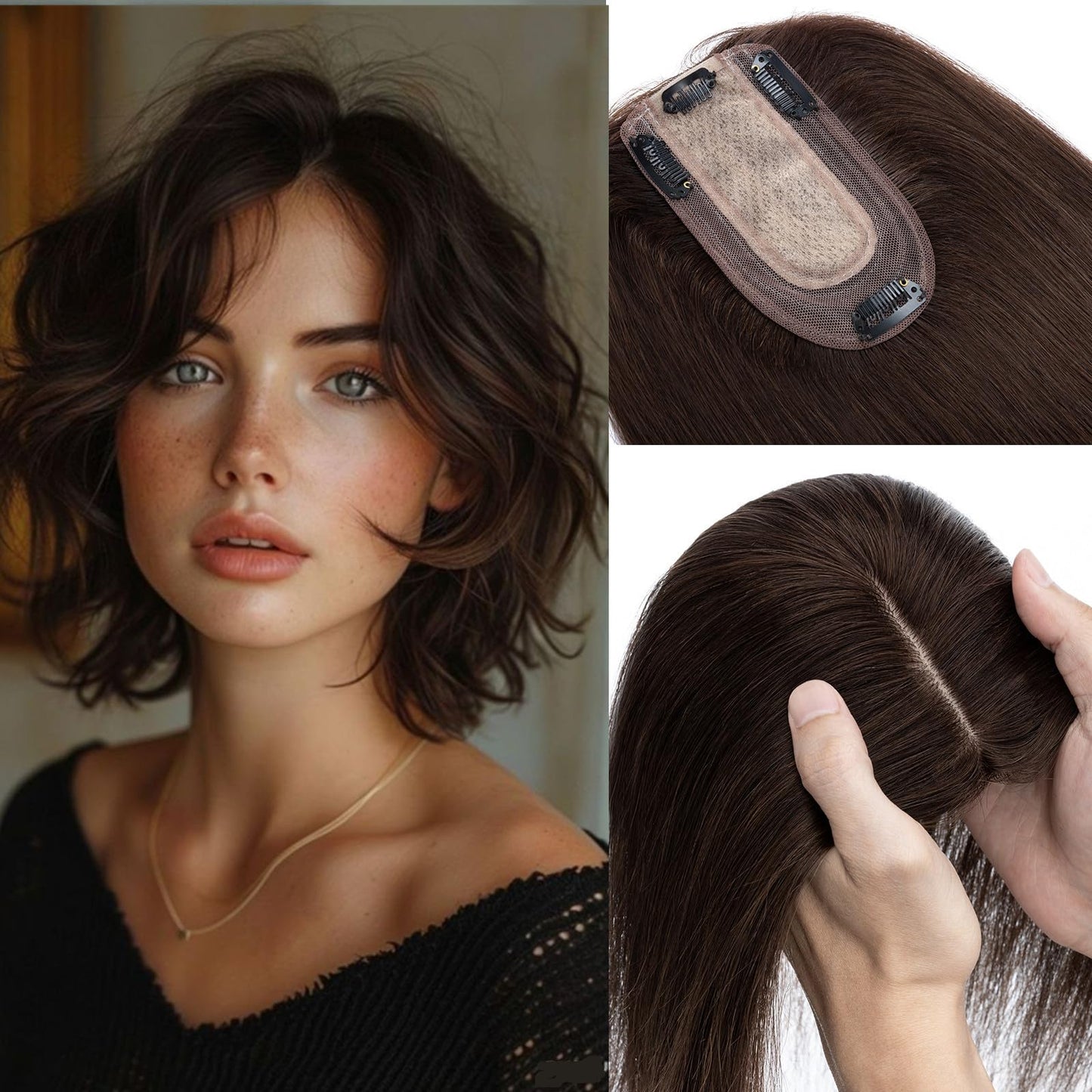 Rich Choices 100% Human Hair Topper Hair Topper for Women Real Human Hair Silk Base Remy Hair Topper With Thinning Hair Clip in Human Hair Topper 12 Inch Dark Brown