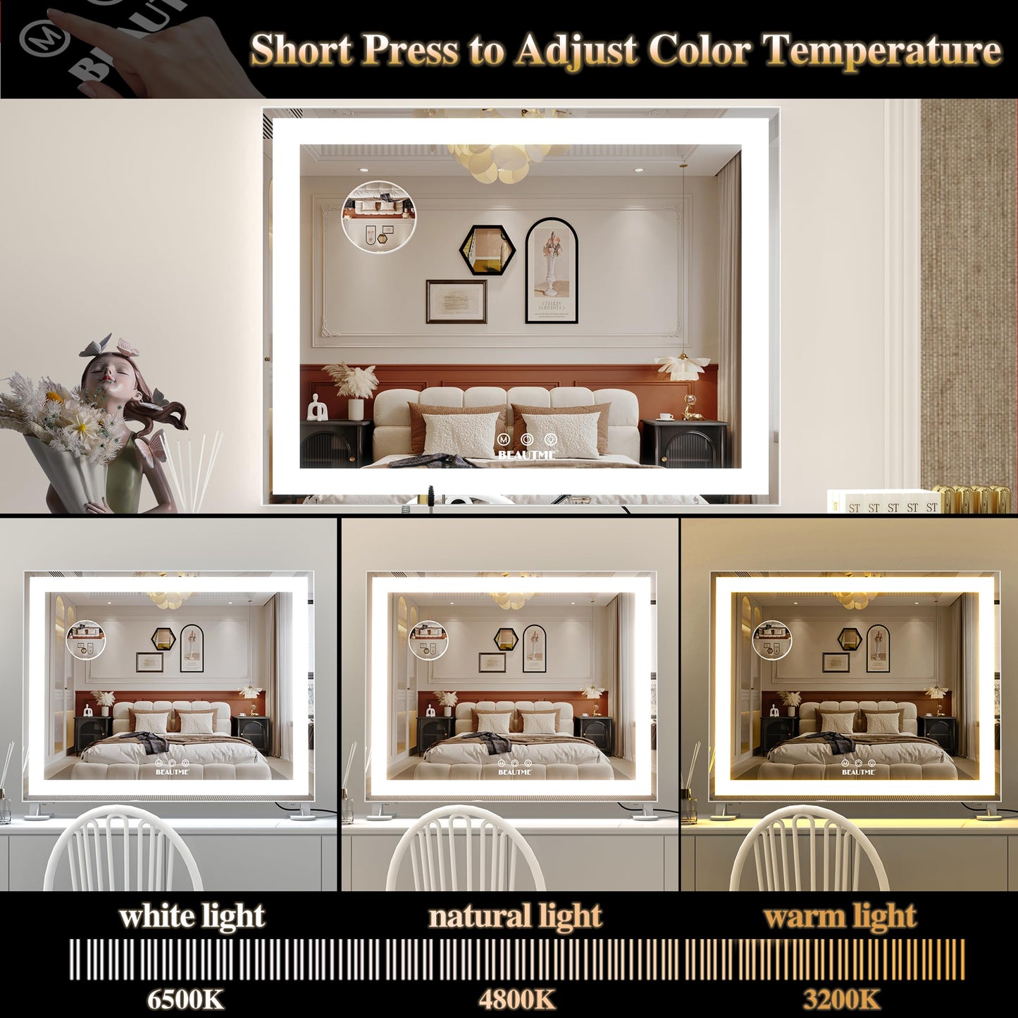 BEAUTME Vanity Mirror,Tabletop Makeup Mirror,Hollywood Mirror,LED Bedroom Mirror with Lights,Lighted Mirror, Aluminium Frame,48.5×40.5cm,White