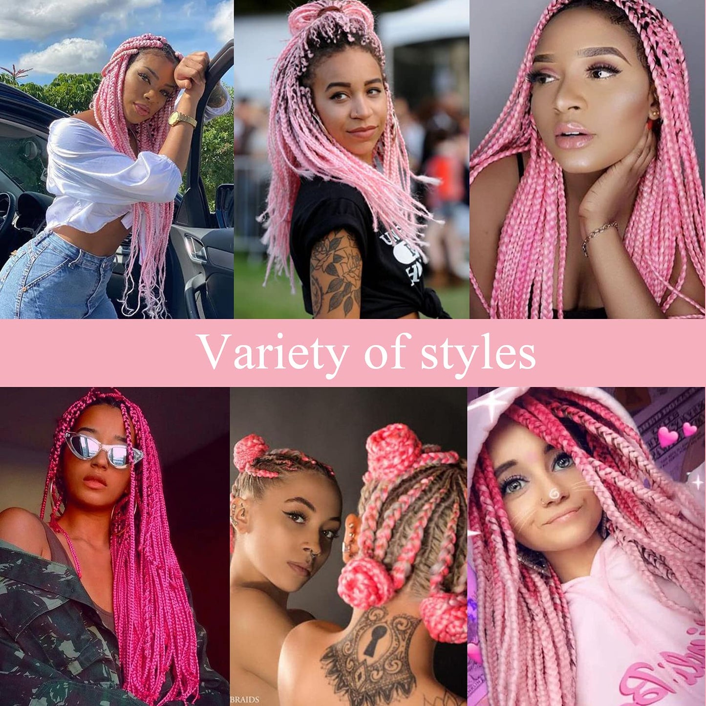 Pre-Stretched Braiding Hair Ombre Pink Braiding Hair Extensions 26 Inch 6 packs Hot Water Setting Professional Soft Yaki Synthetic Crochet Braids（Purple to Pink to White）