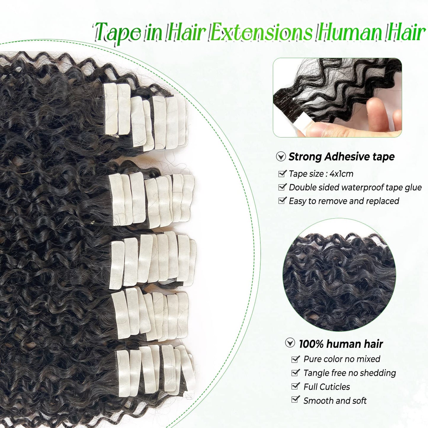 Tape in Hair Extensions Human Hair Black Women Kinky Curly Real Hair Extensions Tape ins Human Hair, 100G 20Inch 40 Pieces Double Sided Seamless Invisible Tape in Hair Extensions for Short Hair