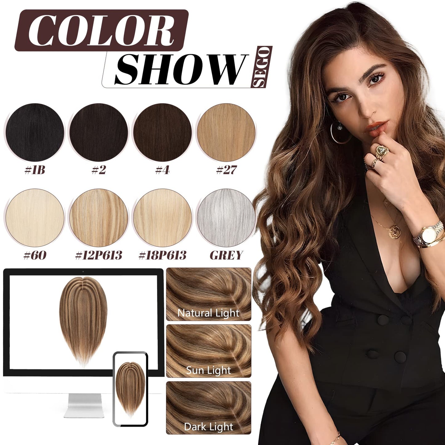 SEGO Clip in Hair Topper For Women, No Bangs Remy Human Hair Toppers Silk Base Top Wiglet Hairpieces for Hair Loss Thinning Hair Cover Grey Hair 4 Clips