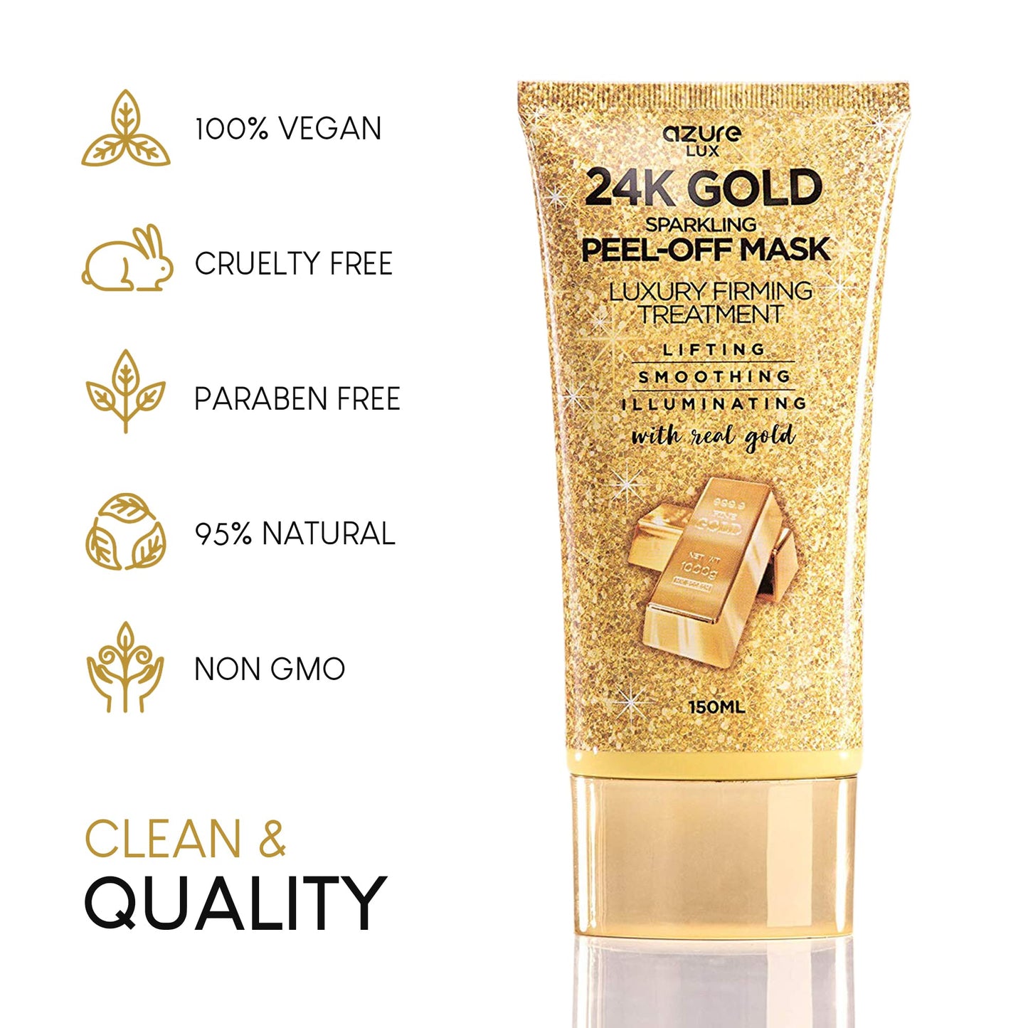 AZURE 24K Gold Firming Peel Off Face Mask- Anti Aging, Lifting, Illuminating & Revitalizing - Removes Blackheads, Dirt & Oils - With Hyaluronic Acid and Collagen - Skin Care - 150mL