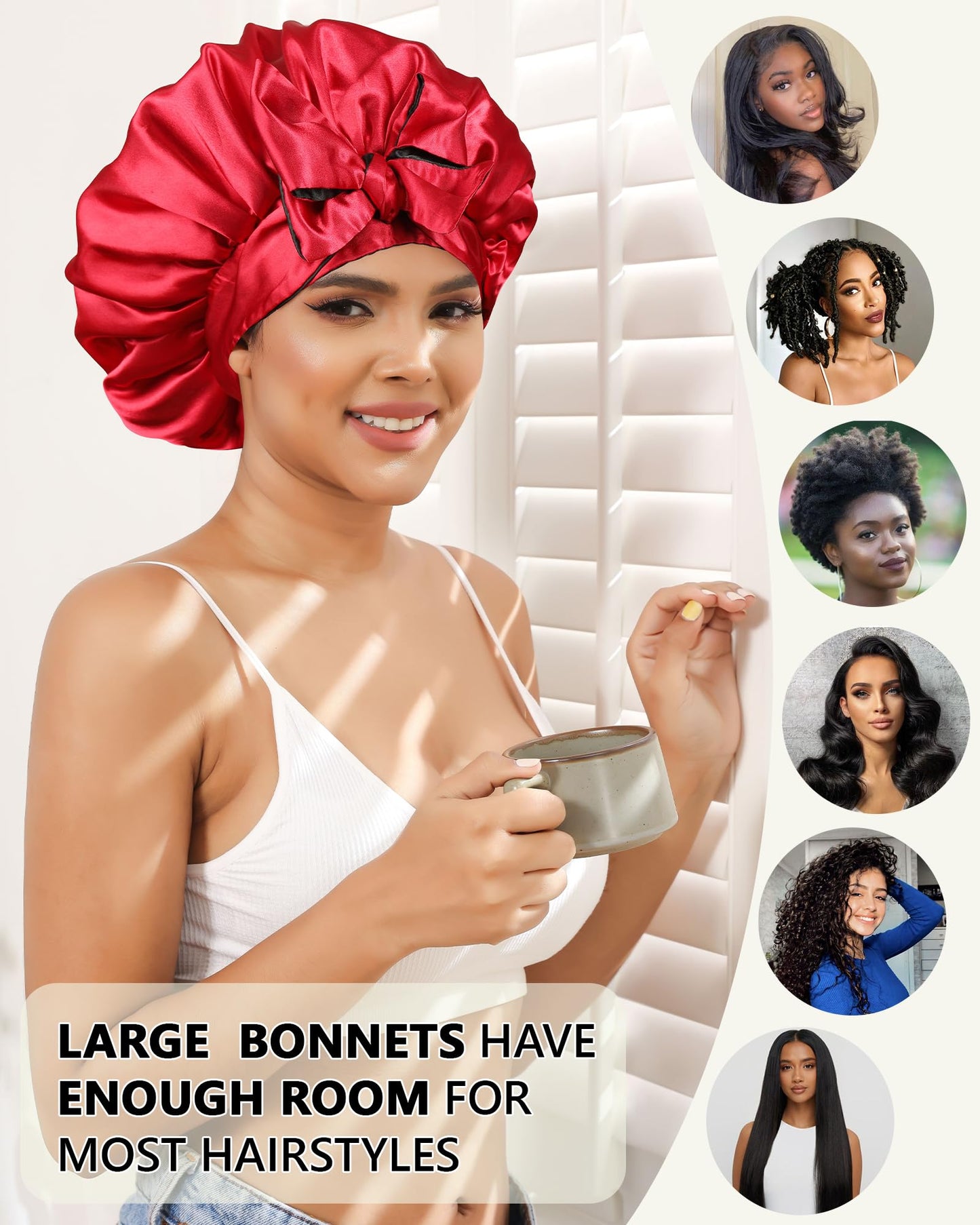 Satin Bonnet Silk Hair Bonnets for Women Curly Hair Wrap for Sleeping Cap Reversible Bonnet with Tie Band Night Cap Double Layer Sleep Cap for Curly Hair (Black + Red)