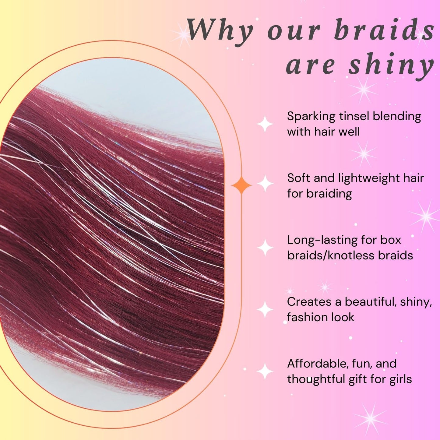 Burgundy Tinsel Braiding Hair Pre Stretched Box Synthetic Box Braids Tinsel Hair for Braiding(26Inch 4 Packs)