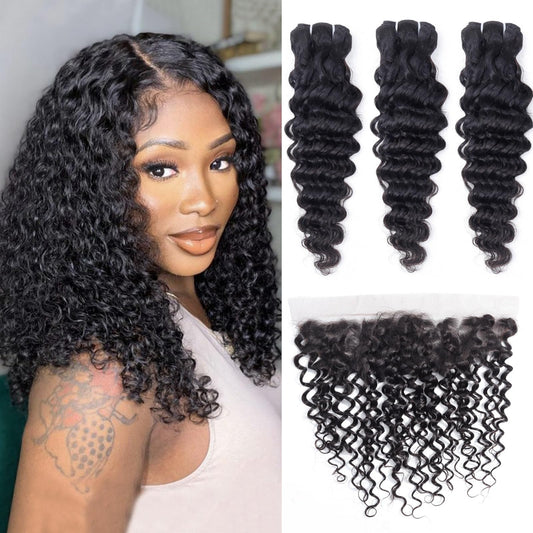 Odir Deep Wave Hair Bundles with 13x4 Frontal Brazilian Human Hair Deep Curly Hair 3 Bundles with Lace Frontal 14 16 18+12 Inch 9A Unprocessed Virgin Hair Natural Color