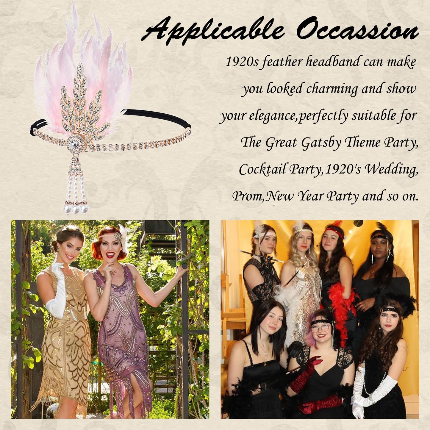 VENOFEN 1920s Flapper Headpiece Pink Feather Gatsby Headband Great Gatsby Headpiece Roaring 20s Feather Headpiece Pearl Tassel 20s Accessories for Women and Girls