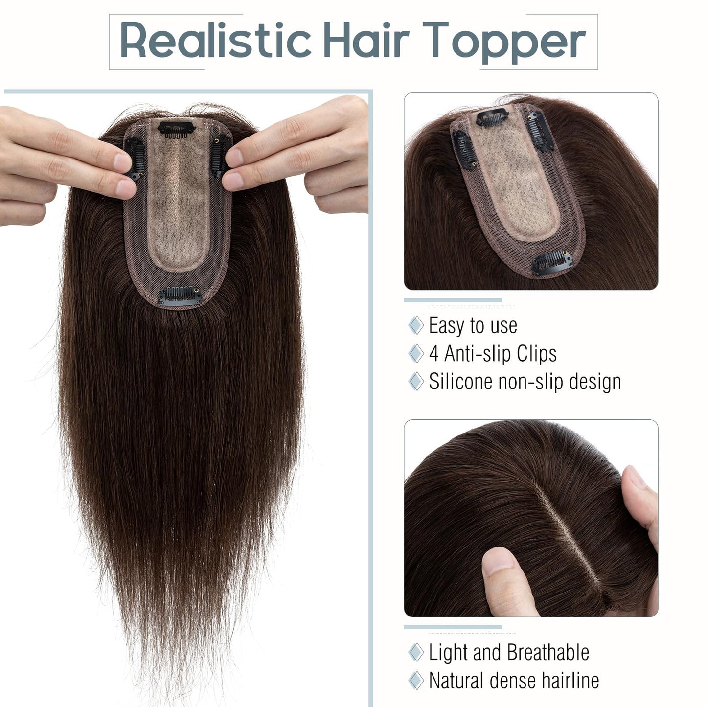 Rich Choices 100% Human Hair Topper Hair Topper for Women Real Human Hair Silk Base Remy Hair Topper With Thinning Hair Clip in Human Hair Topper 12 Inch Dark Brown