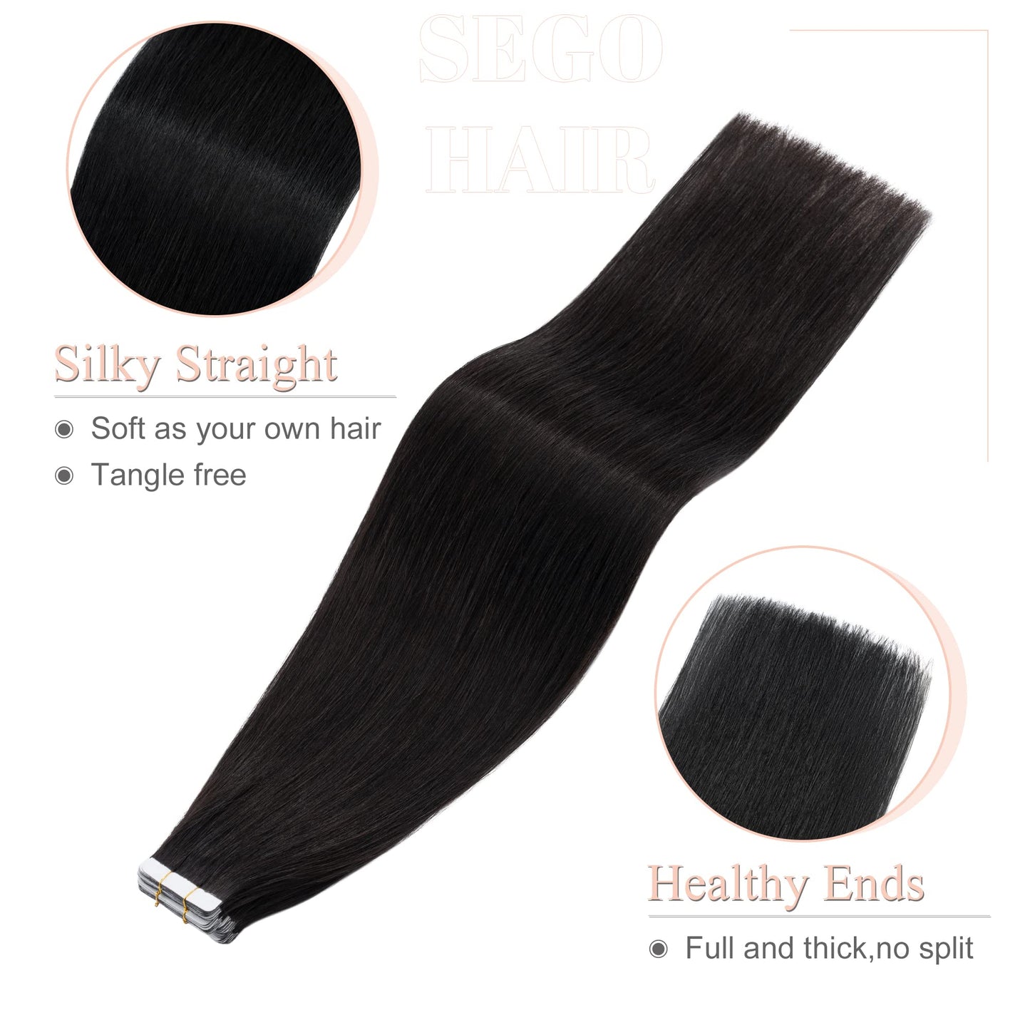 SEGO Tape in Hair Extensions Human Hair 18 Inch 100g 40pcs Natural Straight 100% Remy Rooted Seamless Skin Weft Invisible Double Sided Tape Hair for Women-Jet Black