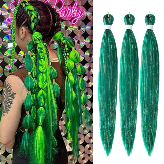 Savasana Green with Tinsel Pre stretched Braiding Hair, 26 Inches Box Braids Hair Extensions, 3 Packs Yaki Texture Braiding Hair Pre stretched
