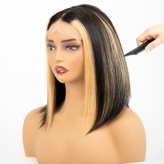 SAYIDON Highlight Bob Wig Human Hair 5x5 Short Bob Wigs 180% Density Wear and Go Glueless Wig HD Lace Front Wig Human Hair Pre Plucked With Baby Hair 12 Inch