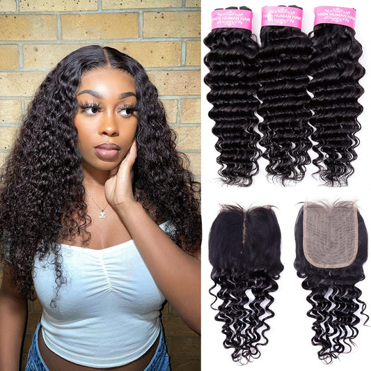 Odir Deep Wave Human Hair Bundles with Closure 10 12 14+10 Inch Unprocessed 9A Brazilian Deep Curly Wave Virgin Hair 3 Bundles with 4x4x1 T-Part Lace Closure Natural Color 70g/Bundle