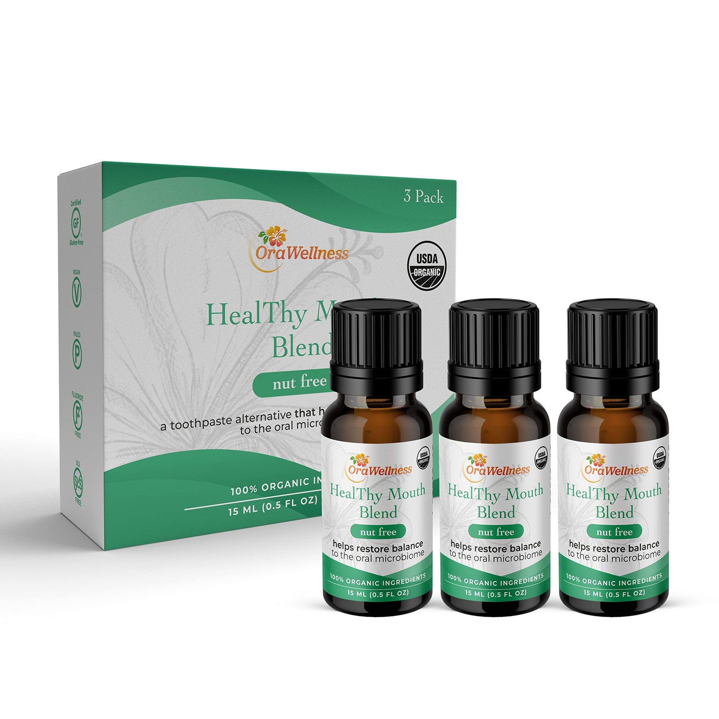 OraWellness Shine Remineralizing Natural Teeth Whitening Powder in Mint + Nut Free Healthy Mouth Blend Organic Toothpaste & Mouthwash Alternative Tooth Oil, Pack of 3