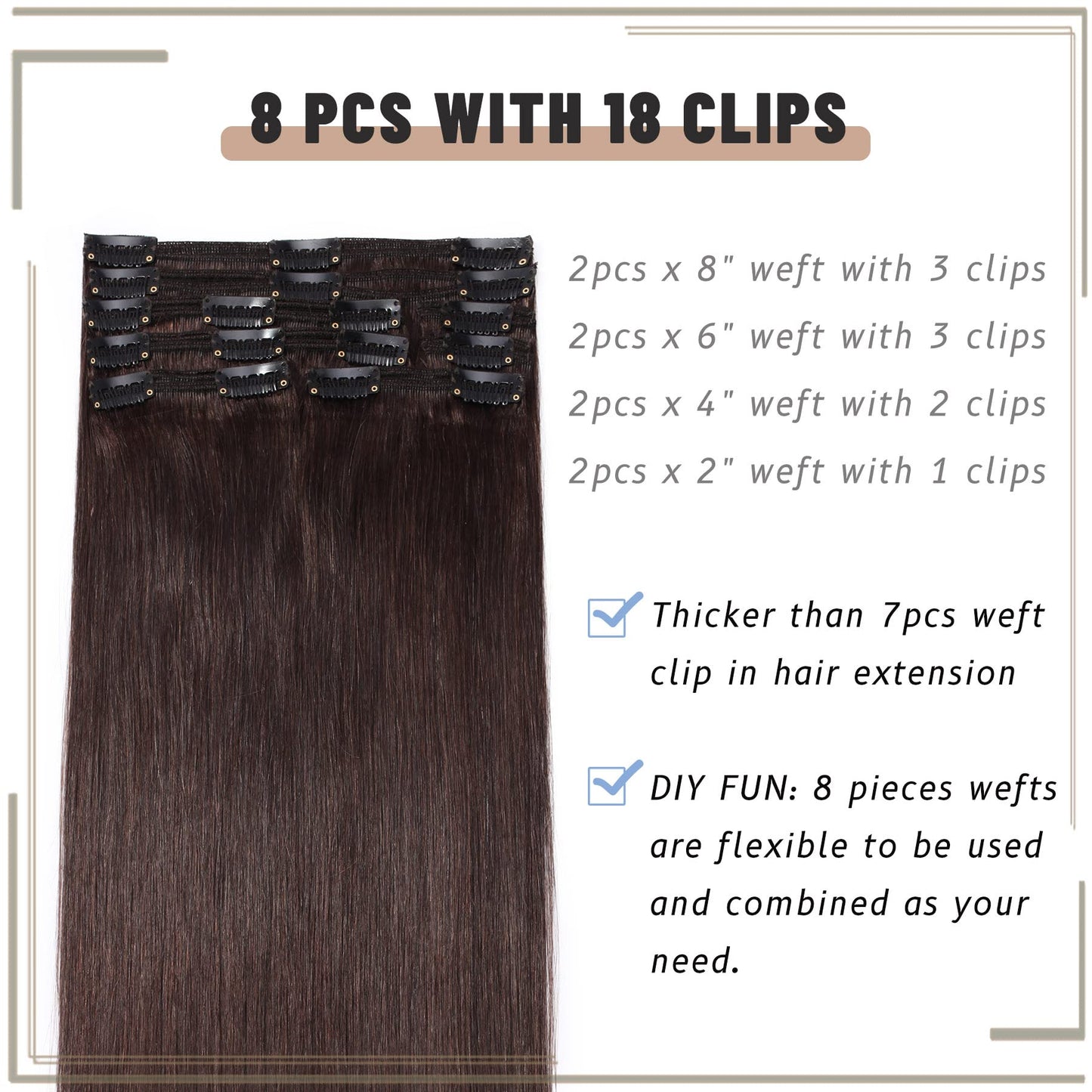 S-noilite Clip in Hair Extensions Real Human Hair Dark Brown Human Hair Extensions Clip Ins 18 Inch 8pcs 140g Straight Real Hair Extensions Clip in Human Hair Double Weft #2