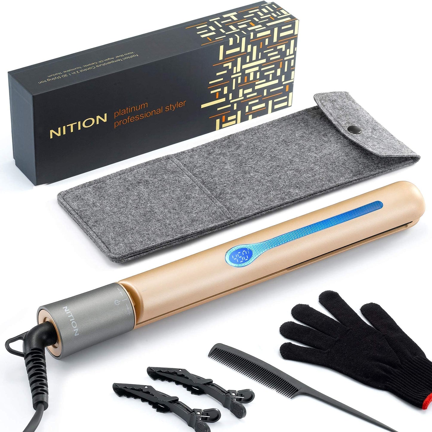 NITION Pro Salon Hair Straightener Flat Iron Gold and Black Hair Dryer with 3 Attachments Diffuser/Comb Set