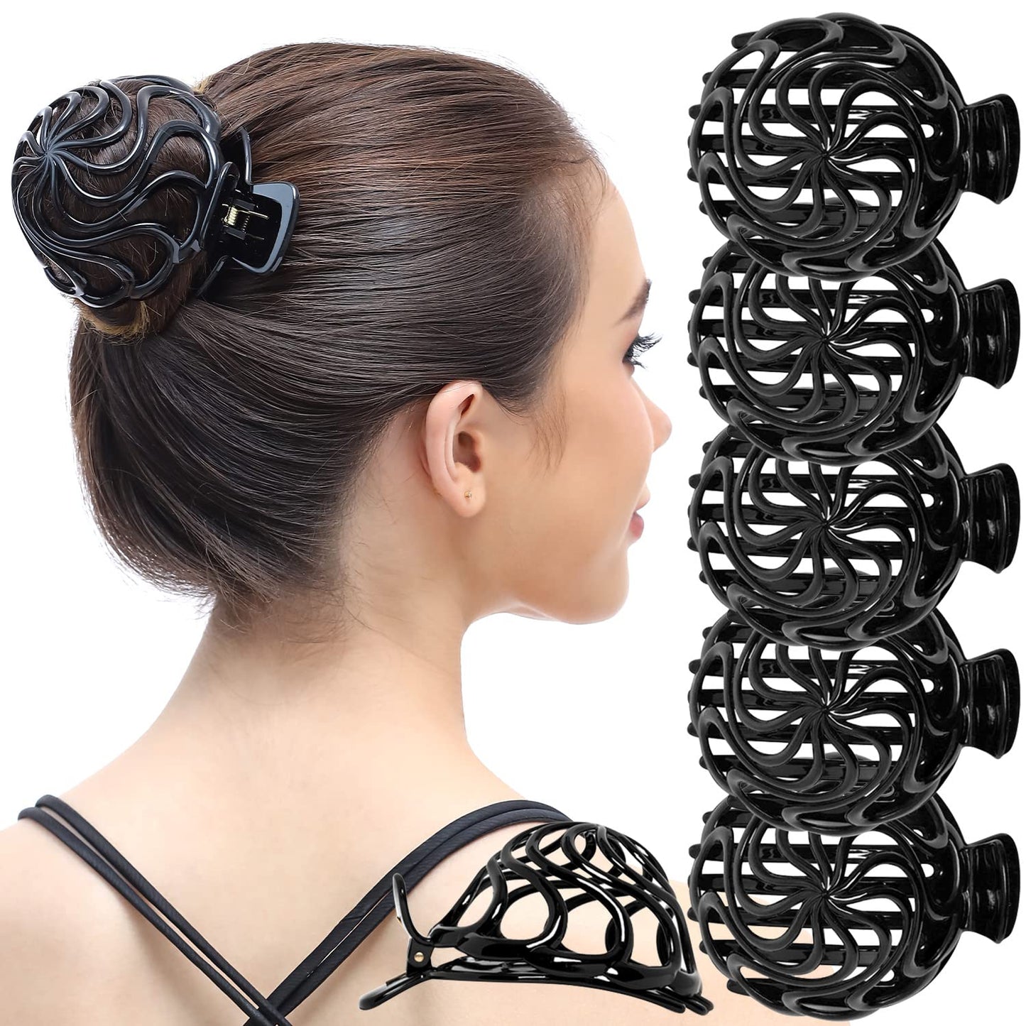 RC ROCHE ORNAMENT 6 Pcs Womens Shell Dome Round Circle Stylish Plastic Strong Grip Hinge Side Slide Bun Maker Clips Girls Beauty Accessory Hair Clip, Large Black