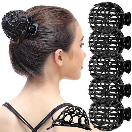 RC ROCHE ORNAMENT 6 Pcs Womens Shell Dome Round Circle Stylish Plastic Strong Grip Hinge Side Slide Bun Maker Clips Girls Beauty Accessory Hair Clip, Large Black