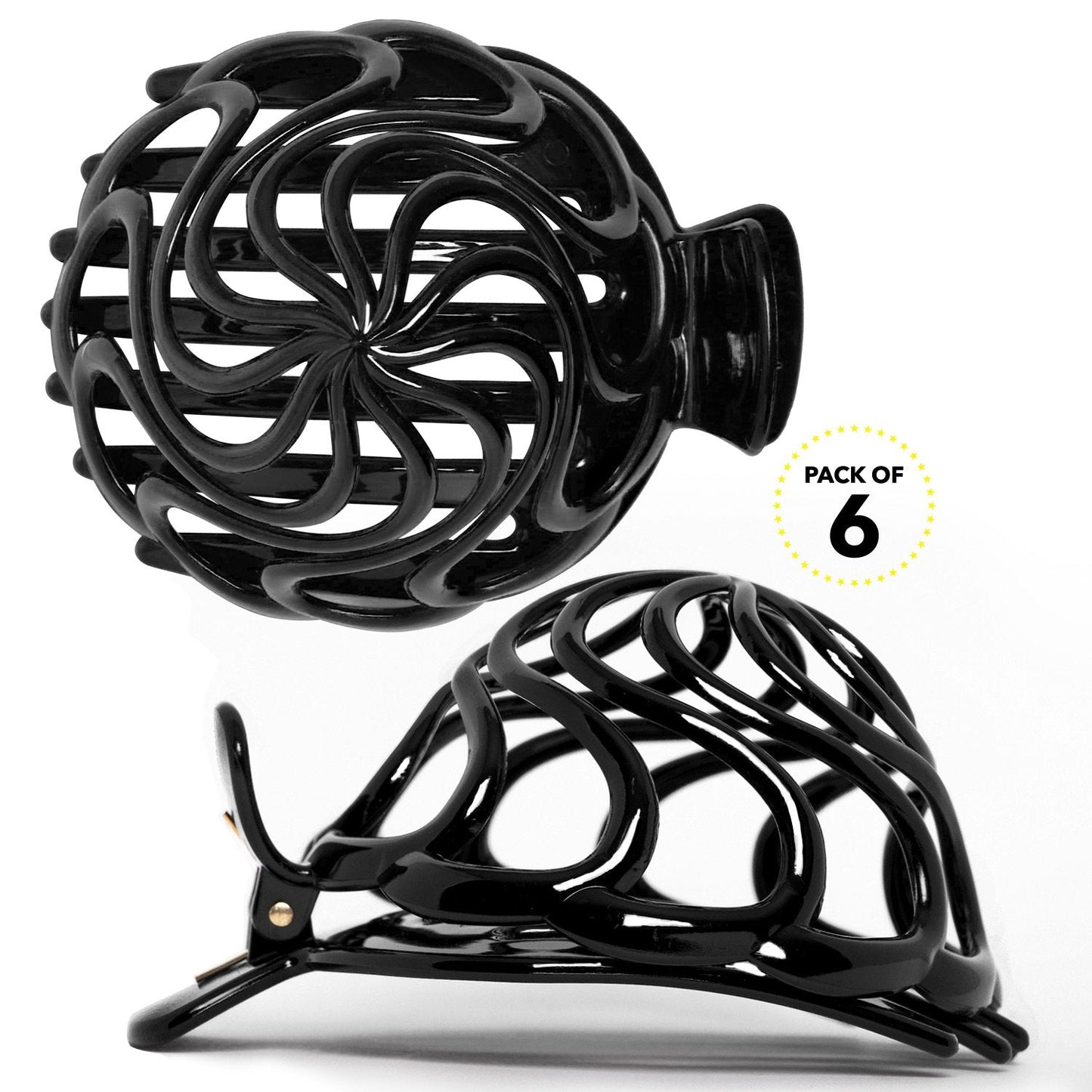 RC ROCHE ORNAMENT 6 Pcs Womens Shell Dome Round Circle Stylish Plastic Strong Grip Hinge Side Slide Bun Maker Clips Girls Beauty Accessory Hair Clip, Large Black