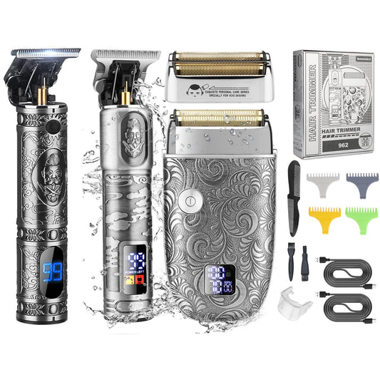 RESUXI Mens Clippers and Grooming Set,Professional Hair Clippers and Shavers for Men,Electric Razor and Cordless T BladeTrimmer Kit,Beard Trimmer for Men Barbers Supplies,LCD Display 2 Foil Head