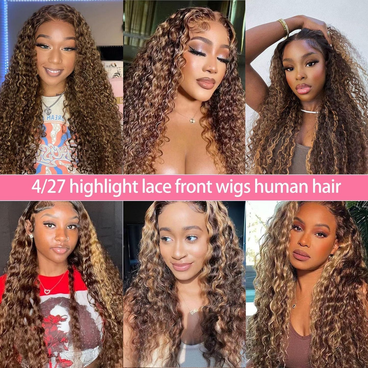 Smilenice 13x6 Highlight Ombre Deep Wave Lace Front Wigs Human Hair Pre Plucked 220% Density 4/27 Colored Honey Blonde Curly Human Hair Wig Glueless HD Transparent Lace Front Wigs for Women 16 Inch