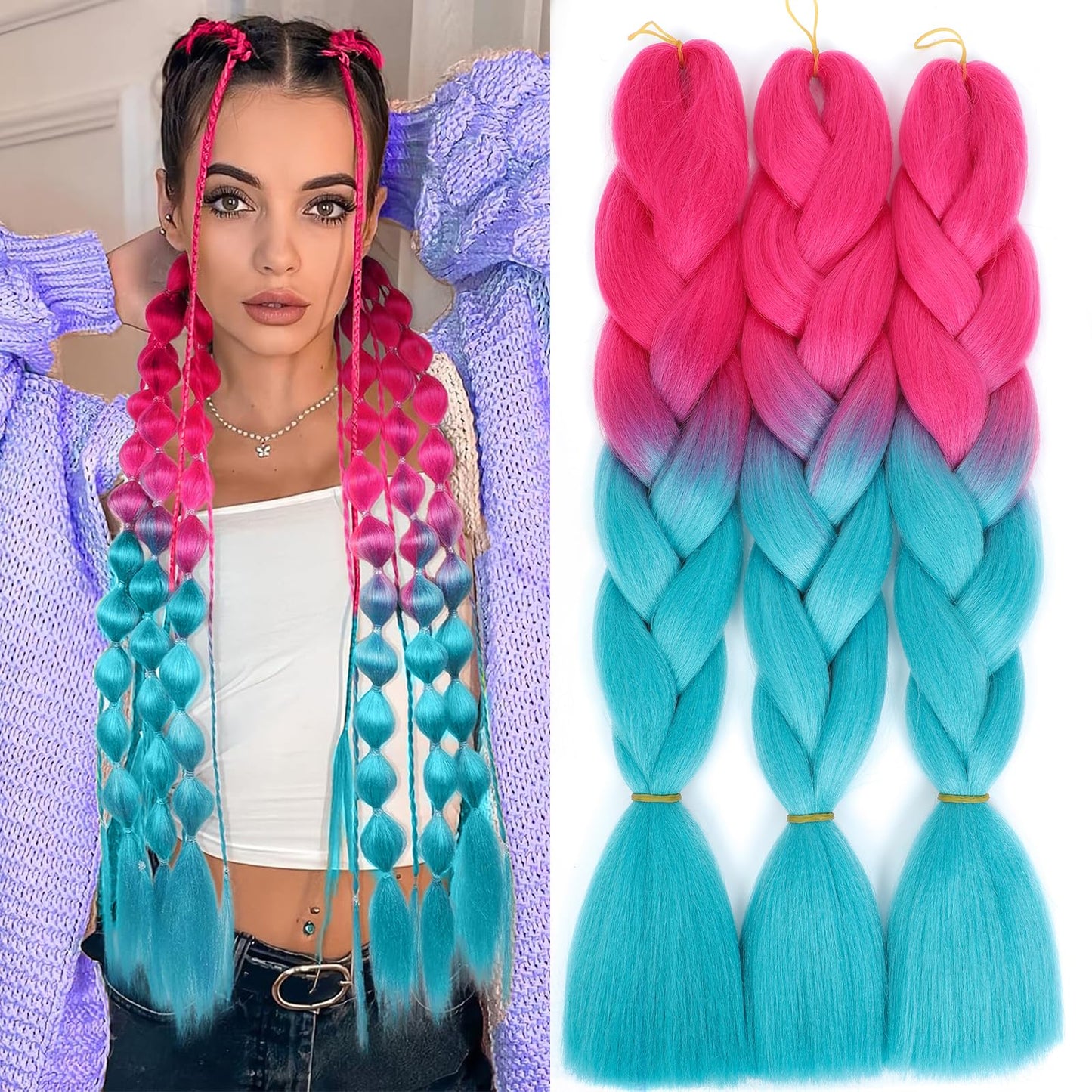 Ombre Braiding Hair 24inch Colored Braiding Hair Pre Stretched Bubble Braids Hair Extensions 3PCS Jumbo Braiding Hair (Peach Pink/Lake Blue)
