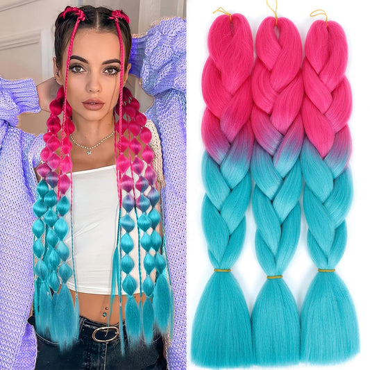 Ombre Braiding Hair 24inch Colored Braiding Hair Pre Stretched Bubble Braids Hair Extensions 3PCS Jumbo Braiding Hair (Peach Pink/Lake Blue)