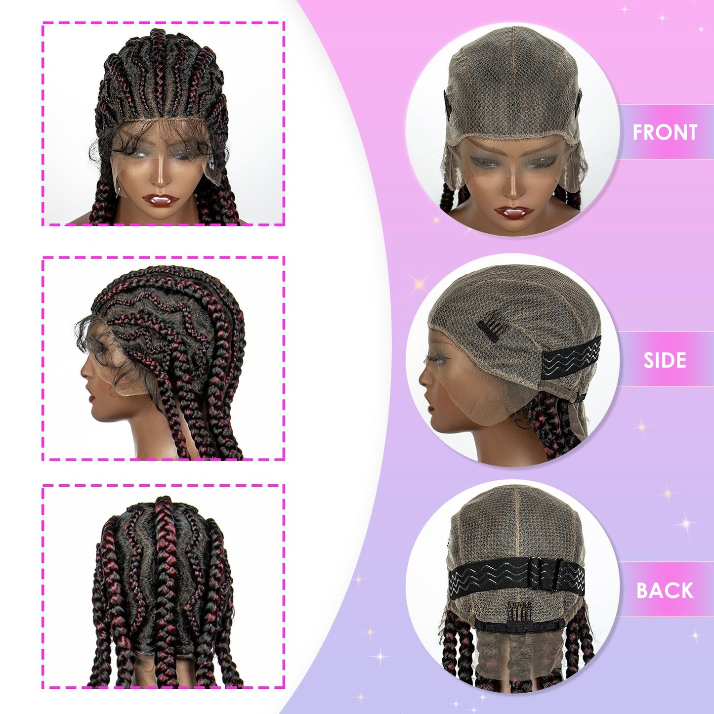 sedittyhair Braided Wigs Synthetic Full Head Lace Wig Braided Wigs for Black Women 36 Inches Braiding Hair Burgundy Color Lace Frontal Lightweight Artificial Braids Wigs with Baby Hair