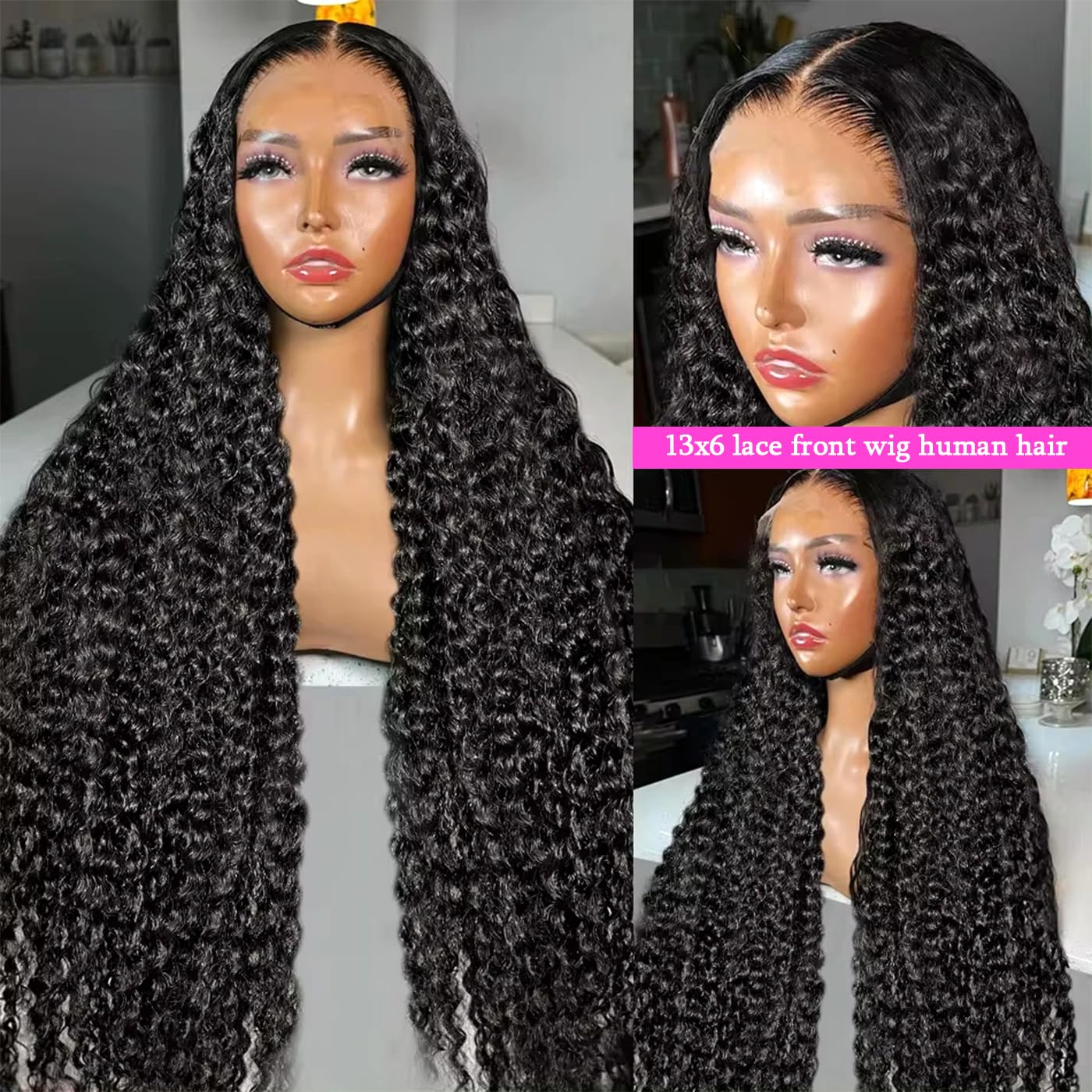 13x6 Deep Wave Lace Front Wigs Human Hair Wigs for Black Women HD Transparent Deep Curly Lace Frontal Glueless Wigs Human Hair Pre Plucked with Baby Hair Natural Black 20 Inch