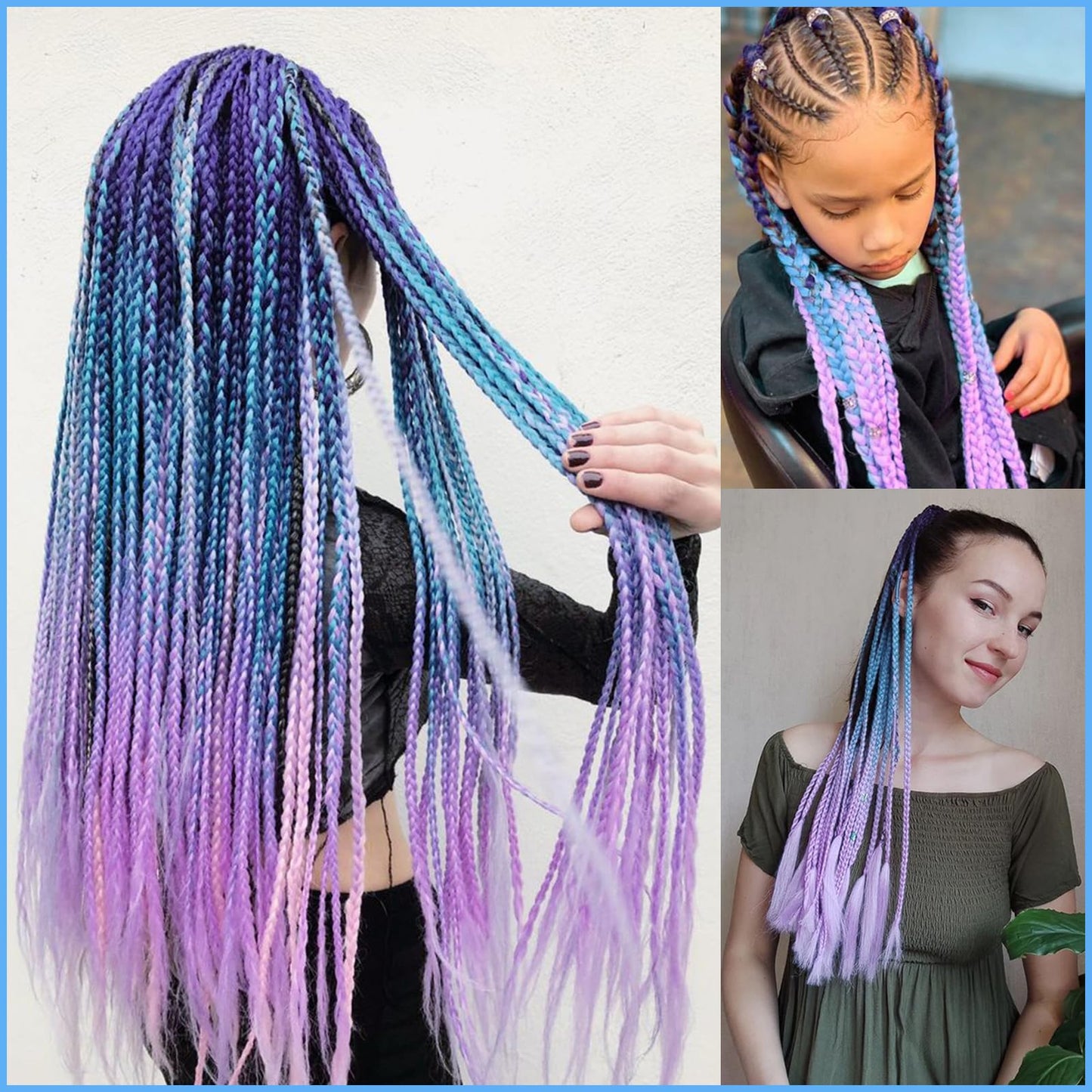 Ombre Purple-Light Blue-Lavender Pre Stretched Braiding Hair 30 Inch Braiding Hair 2 Packs Pre Feathered Hair Extensions Yaki Texture Braids Hair Easy to Use