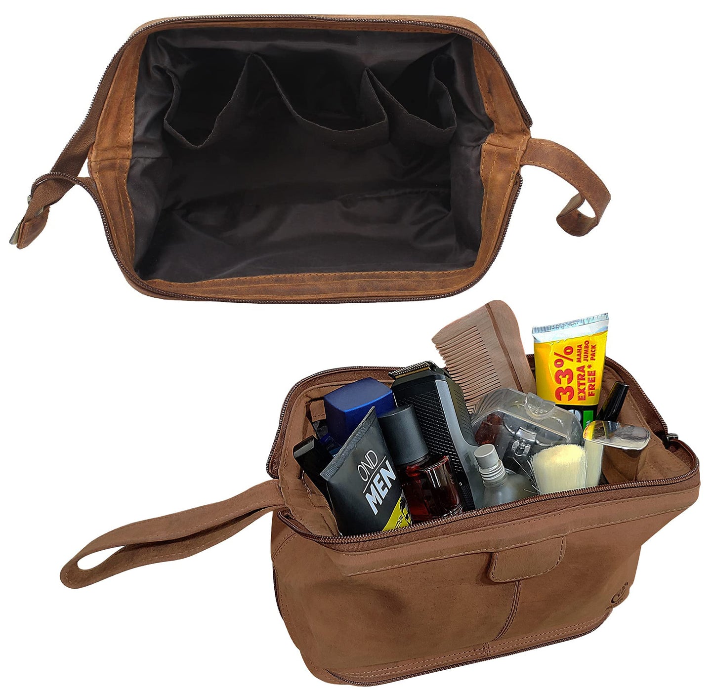 RUSTIC TOWN Handmade Quality Leather Toiletry Bags Combo - The Best Masculine Travel Gift For Men and Women